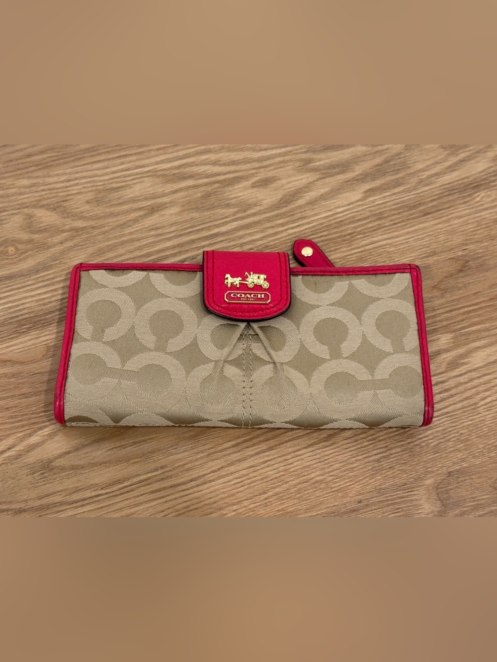 Coach Beige Signature Canvas Wallet with Red Trim
